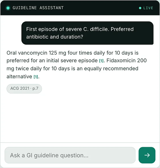 The Gastroenterologist guideline assistant answering a question about severe C. difficile, with its source, ACG 2021, page 7.