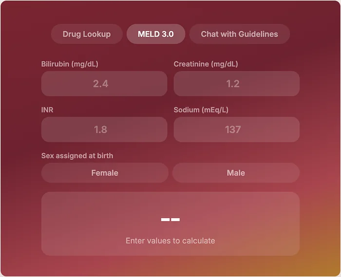 The Hepatologist MELD 3.0 calculator, with fields for bilirubin, creatinine, INR, sodium and sex assigned at birth.