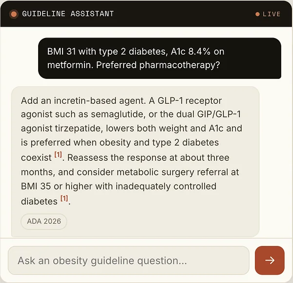 The Adiposphere guideline assistant answering a pharmacotherapy question, with its citation, ADA 2026.