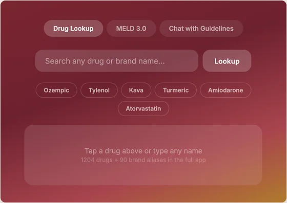 The Hepatologist drug lookup: search any drug or brand name, with quick picks such as Ozempic, Tylenol and amiodarone.