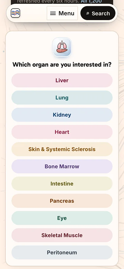 Fibrotherapeutics on a phone: choose the organ you are interested in.