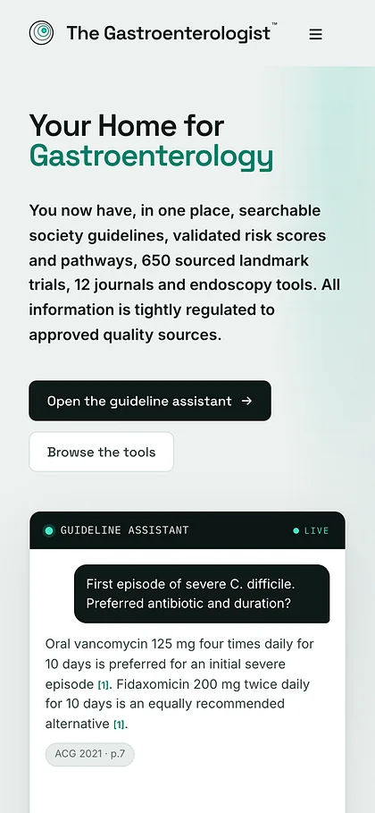 The Gastroenterologist on a phone: the headline, the two main buttons and the guideline assistant.