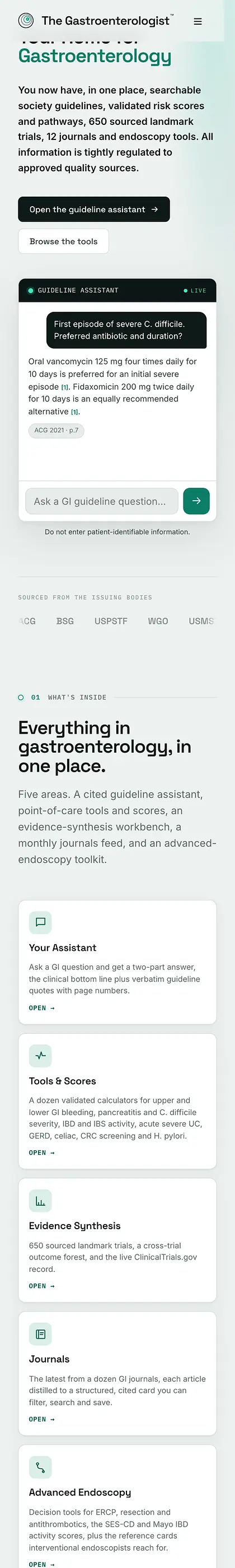 The Gastroenterologist on a phone, scrolling from the headline to the guideline assistant and the five areas inside.