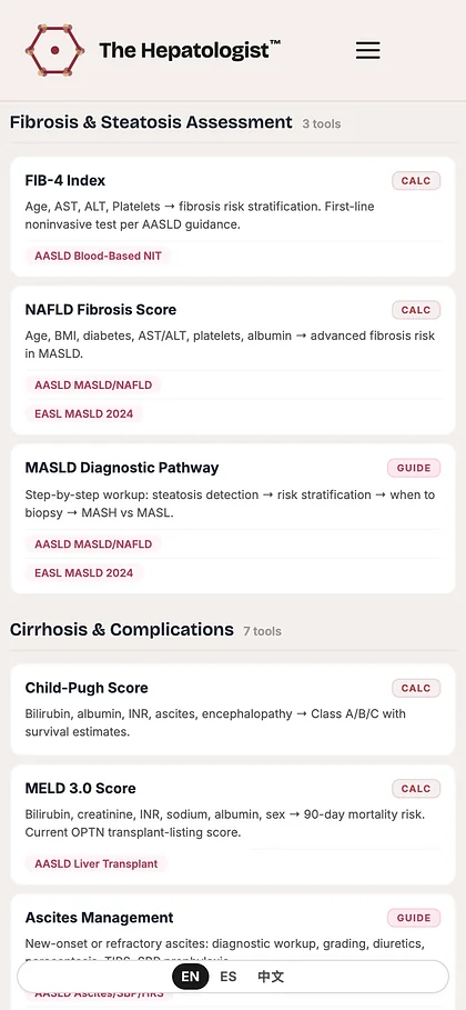 The Hepatologist calculators on a phone, grouped by clinical question.
