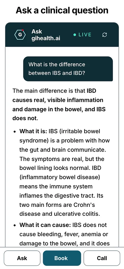The gihealth.ai assistant on a phone answering the question: what is the difference between IBS and IBD?
