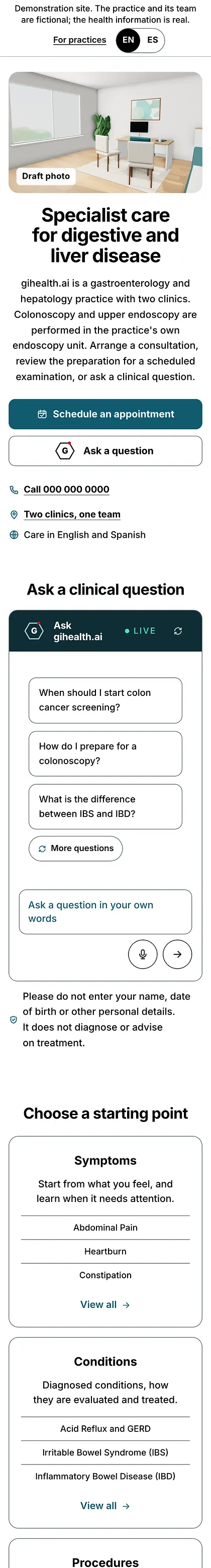 The gihealth.ai reference site on a phone, scrolling from its opening to the clinical question assistant and the starting points for patients.
