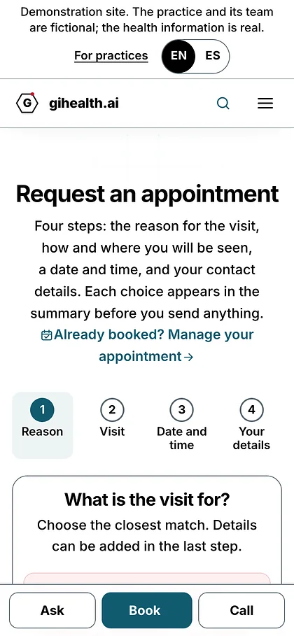 Request an appointment on a phone: four steps, and an emergency warning shown before booking.