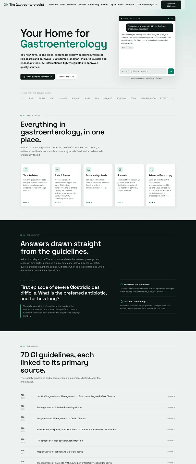 The Gastroenterologist homepage scrolling from Your Home for Gastroenterology through what is inside to the guideline library.