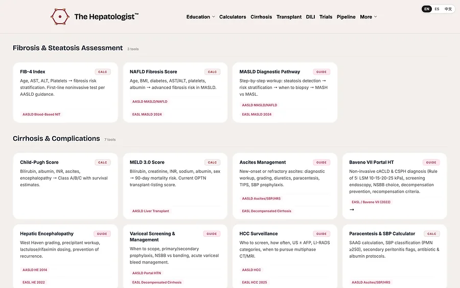 The Hepatologist calculators: fibrosis and steatosis assessment and cirrhosis tools, each tagged with its guideline.